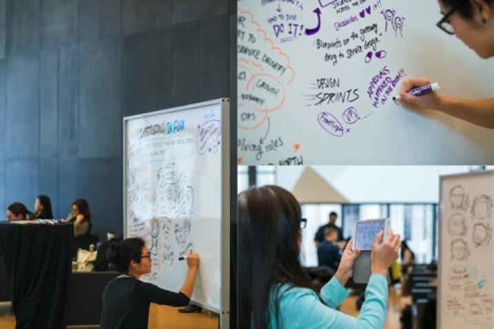 Systems designer Jessica Fan captured the all of the presentations and panel discussions in real-time, providing a visual summary of the ideas and themes of the day on massive rolling whiteboards that attendees explored, photographed and posted to social media.